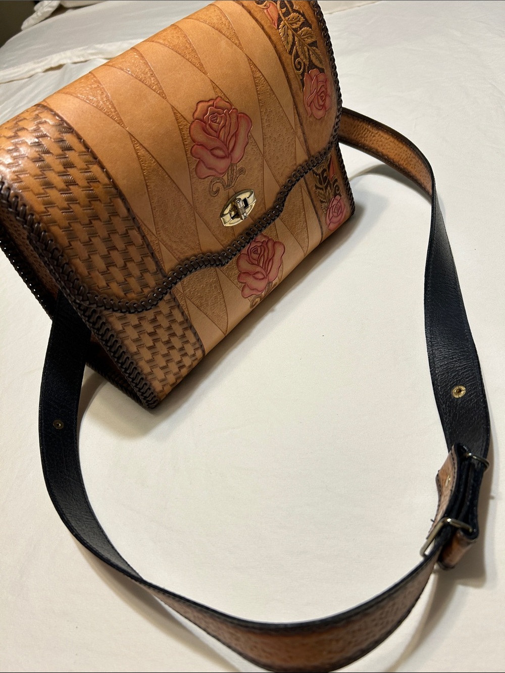 Tan Leather Shoulder Bag with Pink Rose Accent